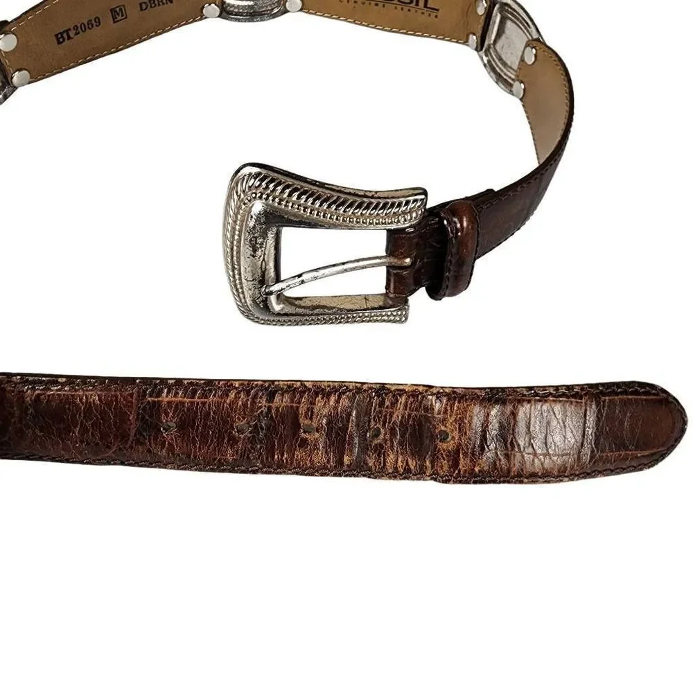 VINTAGE Fossil Etched Silver Hardware Tan Leather Belt M